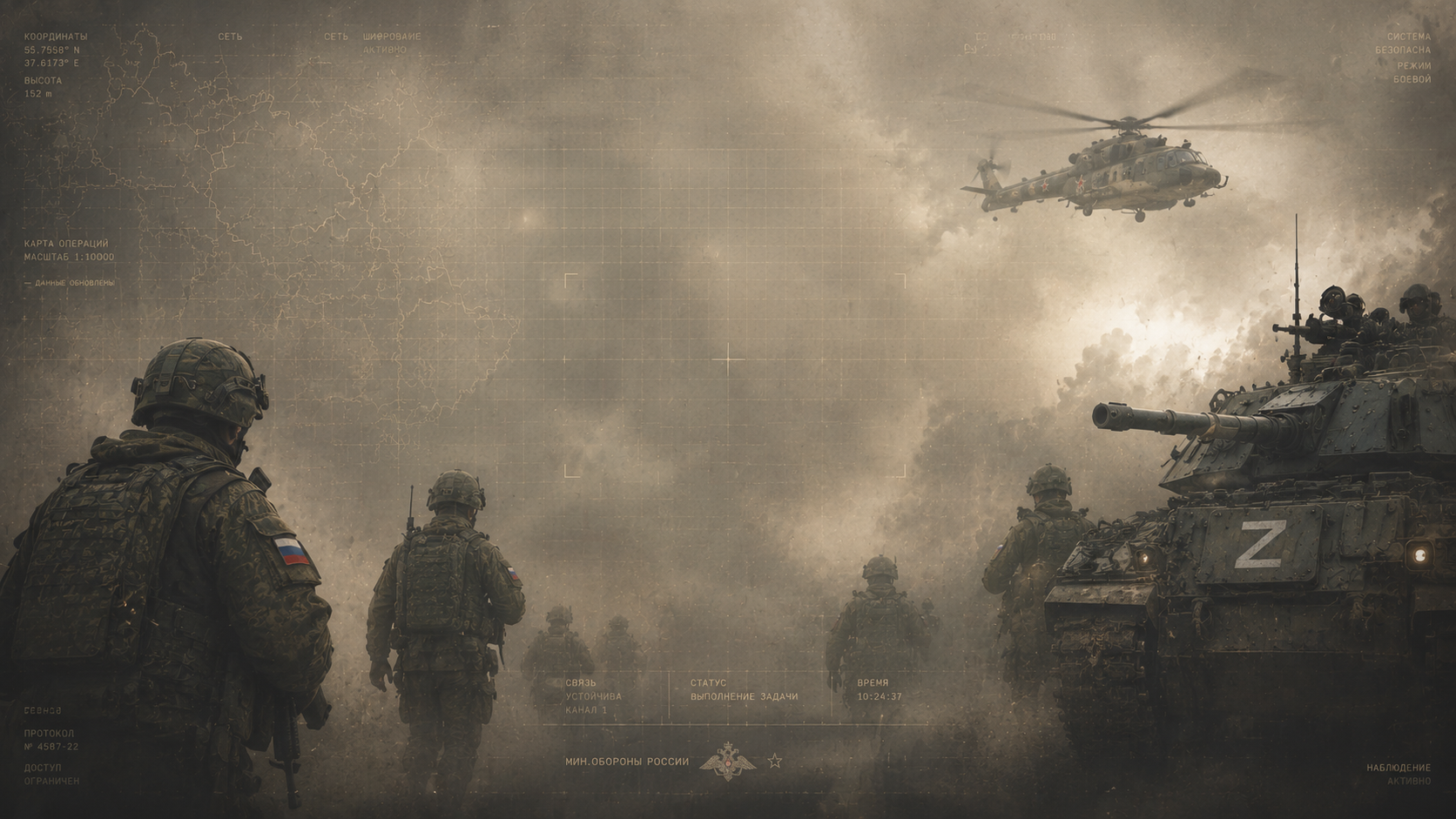 Операционный фон с военнослужащими, бронетехникой и тактической картой